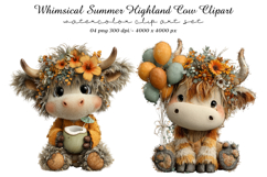 Whimsical Summer Highland Cow Clipart Product Image 1