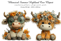 Whimsical Summer Highland Cow Clipart Product Image 1