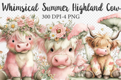 Whimsical Summer Highland Cow Clipart Product Image 1