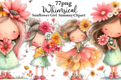 Whimsical Sunflower Girl Summer Clipart Watercolor png Product Image 1