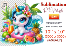 Fantasy watercolor unicorn celebrating summer at the beach, perfect for playful seasonal designs - perfect for cheerful sublimation designs