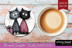 Whimsical Cat Round Coaster - Valentines Day Coaster PNG Product Image 1