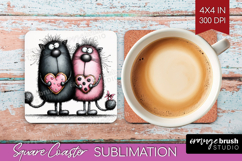 Whimsical Cat Square Coaster - Valentines Day Coaster PNG Product Image 1