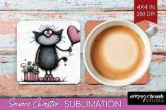 Whimsical Cat Square Coaster - Valentines Day Coaster PNG Product Image 1