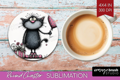 Whimsical Cat Round Coaster - Valentines Day Coaster PNG Product Image 1