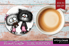 Whimsical Cat Round Coaster - Valentines Day Coaster PNG Product Image 1