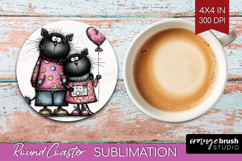 Whimsical Cat Round Coaster - Valentines Day Coaster PNG Product Image 1