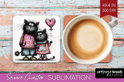 Whimsical Cat Square Coaster - Valentines Day Coaster PNG Product Image 1