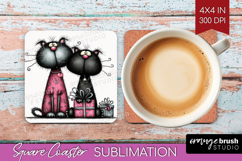 Whimsical Cat Square Coaster - Valentines Day Coaster PNG Product Image 1