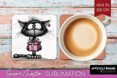 Whimsical Cat Square Coaster - Valentines Day Coaster PNG Product Image 1