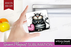 Whimsical Cat Magnet Sublimation - Valentines Day Square PNG Product Image 1