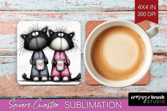 Whimsical Cat Square Coaster - Valentines Day Coaster PNG Product Image 1