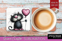 Whimsical Cat Square Coaster - Valentines Day Coaster PNG Product Image 1