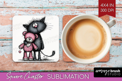 Whimsical Cat Square Coaster - Valentines Day Coaster PNG Product Image 1