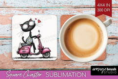 Whimsical Cat Square Coaster - Valentines Day Coaster PNG Product Image 1