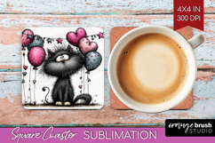 Whimsical Cat Square Coaster - Valentines Day Coaster PNG Product Image 1
