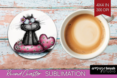 Whimsical Cat Round Coaster - Valentines Day Coaster PNG Product Image 1