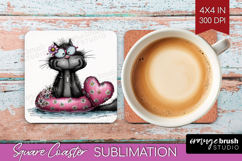 Whimsical Cat Square Coaster - Valentines Day Coaster PNG Product Image 1