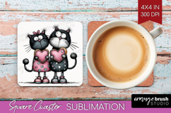 Whimsical Cat Square Coaster - Valentines Day Coaster PNG Product Image 1