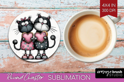 Whimsical Cat Round Coaster - Valentines Day Coaster PNG Product Image 1
