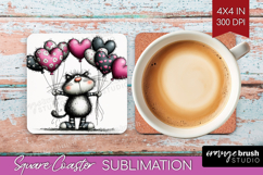 Whimsical Cat Square Coaster - Valentines Day Coaster PNG Product Image 1