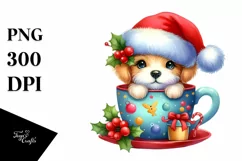 Cute Dog with Santa Hat in Cup PNG Product Image 1