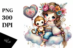Cute Boho Baby Monkey Holding a Heart PNG Product Image 1