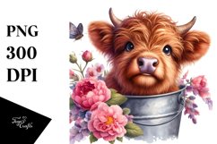 Cute Baby Highland Cow in Wood Bucket PNG Product Image 1