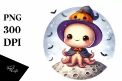 Retro Baby Octopus on a Moon PNG Product Image 3