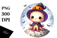 Retro Baby Octopus on a Moon PNG Product Image 1