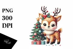 Retro Winter Baby Deer Christmas Tree PNG Product Image 3