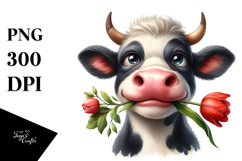 Watercolor Cow Portrait with Tulip Clipart Product Image 1