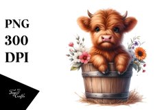 Cute Baby Highland Cow Wood Bucket Flowers PNG Product Image 1