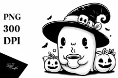 Cute Ghost Wearing Cap Holding Tea PNG Product Image 3