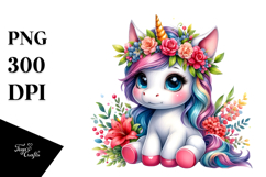 Cute Baby Unicorn with Floral Wreath PNG Product Image 1