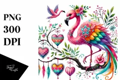 Colorful Adorned Flamingo on Tree Branch with Hearts PNG Product Image 1