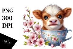 Cute Baby Hignland Cow with Cherry Blossom Cup PNG Product Image 1