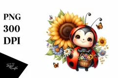Whimsical Baby Ladybug with Flowers, PNG Product Image 1
