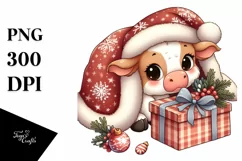 Cute Baby Cow Hiding Behind Gift Box, Winter PNG Product Image 1