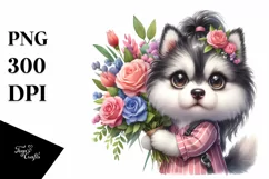 Baby Siberian Husky Flower Bouquet Clipart Product Image 1