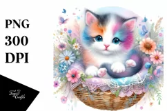 Watercolor Whimsical Colorful Baby Cat Clipart Product Image 1