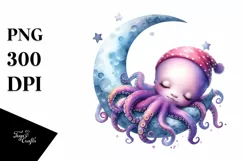 Colorful Baby Octopus Sleeping on Moon Clipart Product Image 1