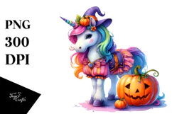Unicorn Dressed for Halloween with Pumpkin PNG Product Image 1