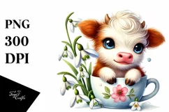 Smiling Baby Highland Cow with Snowdrop PNG Product Image 1