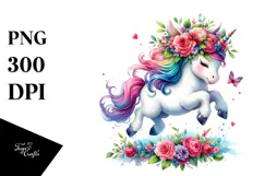 Cute Unicorn Jumping Floral Wreath PNG Product Image 1