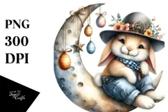 Bunny on Moon with Vintage Hat, Transparent PNG Product Image 1