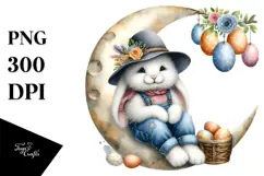 Bunny on Moon with Vintage Hat, Transparent PNG Product Image 1
