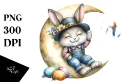 Watercolor Pink-ish Smiling Cute Bunny with Vintage Hat PNG Product Image 1