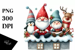 Cute Christmas Gnome, Santa, Penguin, Reindeer on a Roof PNG Product Image 3