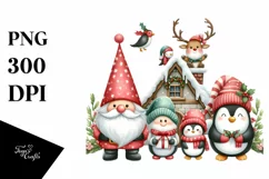 Cute Christmas Gnome, Santa, Penguin, Reindeer on a Roof PNG Product Image 1